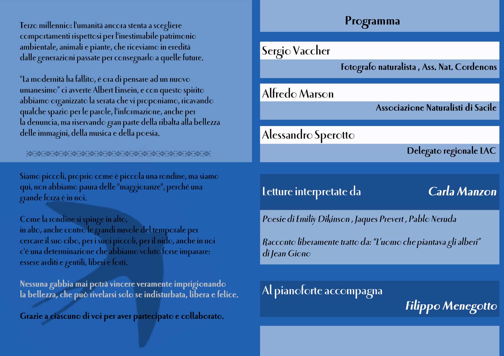 Programma della serata.
